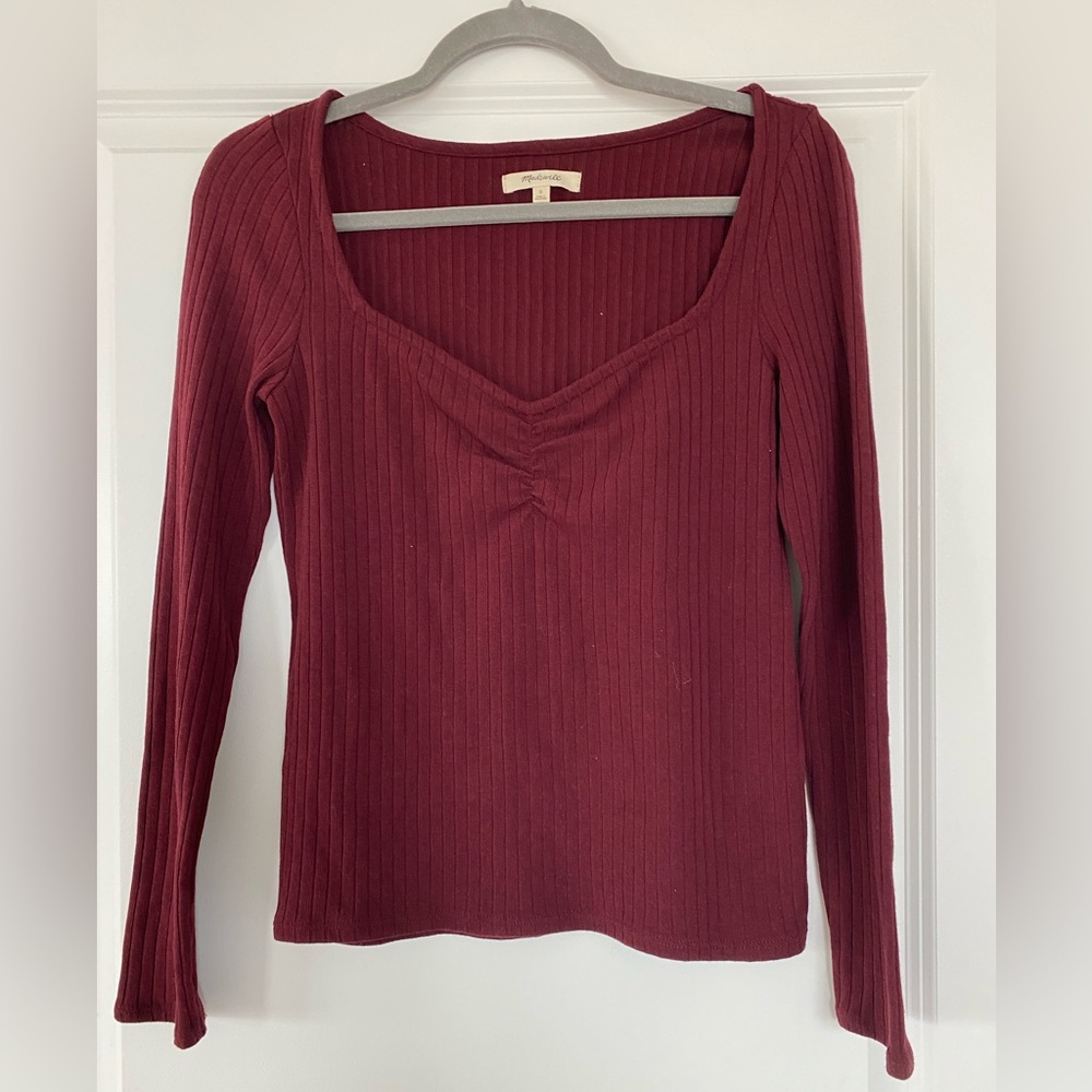 Madewell Ribbed V-Neck Long Sleeve Top - Wine